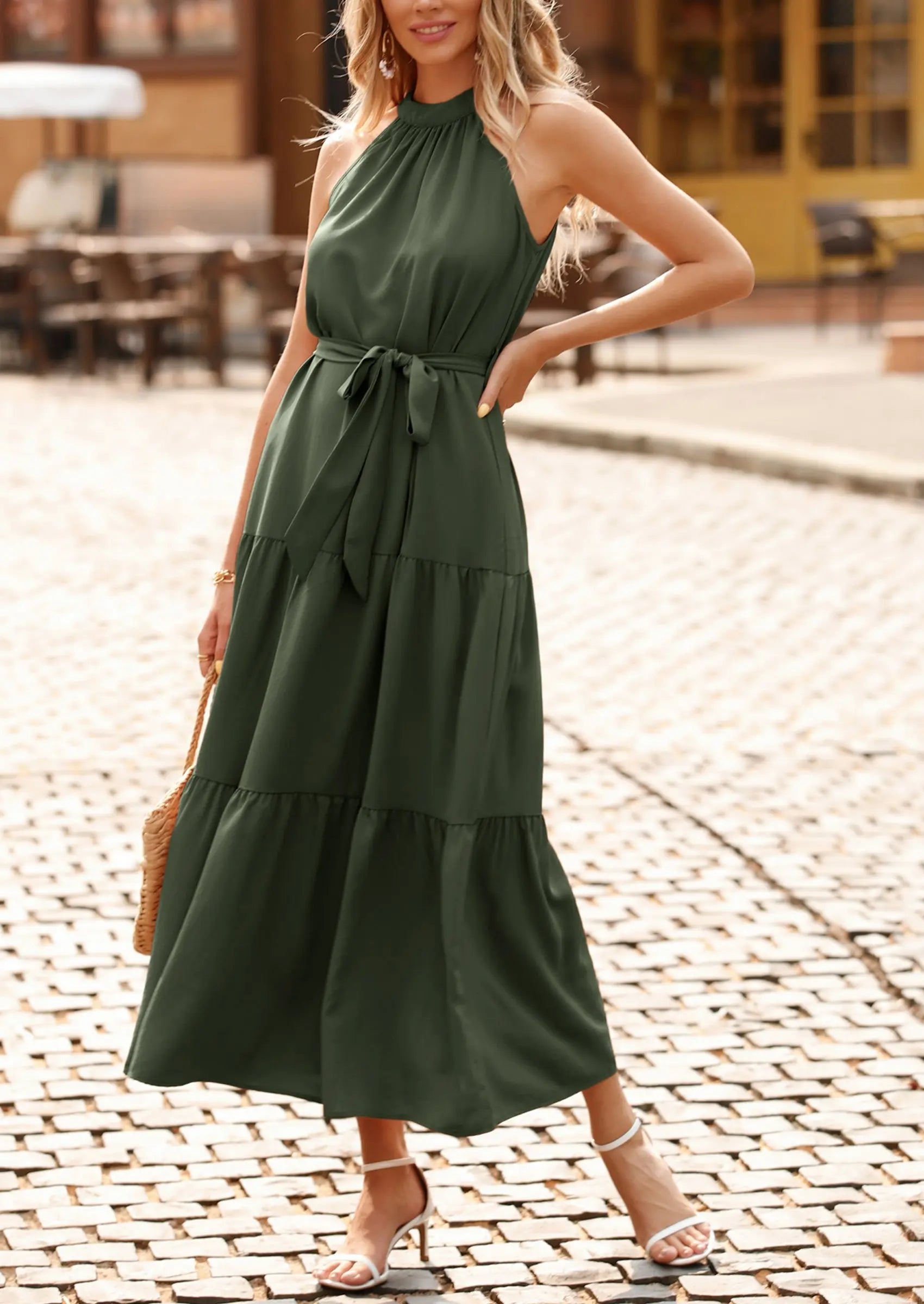 PRETTYGARDEN Women's Summer Floral Maxi Sun Dress Sleeveless Halter Neck Flowy Ruffle Hem Long Boho Dresses with Belt