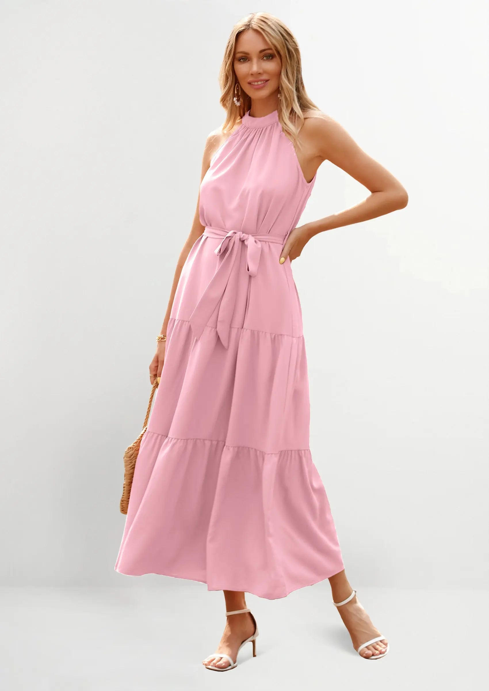 PRETTYGARDEN Women's Summer Floral Maxi Sun Dress Sleeveless Halter Neck Flowy Ruffle Hem Long Boho Dresses with Belt