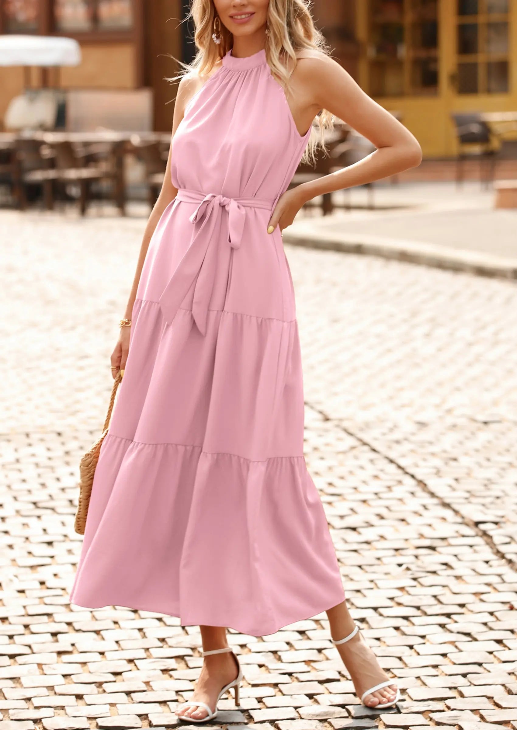 PRETTYGARDEN Women's Summer Floral Maxi Sun Dress Sleeveless Halter Neck Flowy Ruffle Hem Long Boho Dresses with Belt