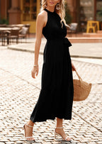 PRETTYGARDEN Women's Summer Floral Maxi Sun Dress Sleeveless Halter Neck Flowy Ruffle Hem Long Boho Dresses with Belt