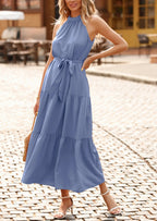 PRETTYGARDEN Women's Summer Floral Maxi Sun Dress Sleeveless Halter Neck Flowy Ruffle Hem Long Boho Dresses with Belt