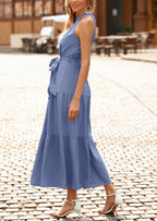 PRETTYGARDEN Women's Summer Floral Maxi Sun Dress Sleeveless Halter Neck Flowy Ruffle Hem Long Boho Dresses with Belt