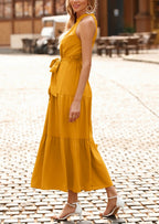 PRETTYGARDEN Women's Summer Floral Maxi Sun Dress Sleeveless Halter Neck Flowy Ruffle Hem Long Boho Dresses with Belt