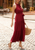 PRETTYGARDEN Women's Summer Floral Maxi Sun Dress Sleeveless Halter Neck Flowy Ruffle Hem Long Boho Dresses with Belt