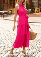 PRETTYGARDEN Women's Summer Floral Maxi Sun Dress Sleeveless Halter Neck Flowy Ruffle Hem Long Boho Dresses with Belt