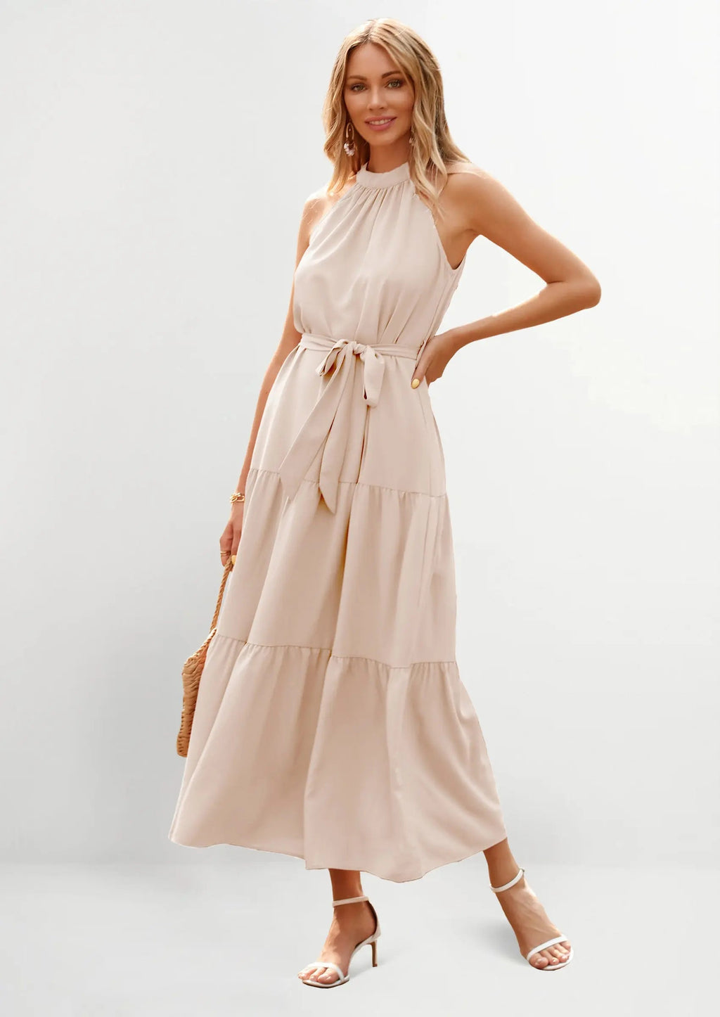 PRETTYGARDEN Women's Summer Floral Maxi Sun Dress Sleeveless Halter Neck Flowy Ruffle Hem Long Boho Dresses with Belt