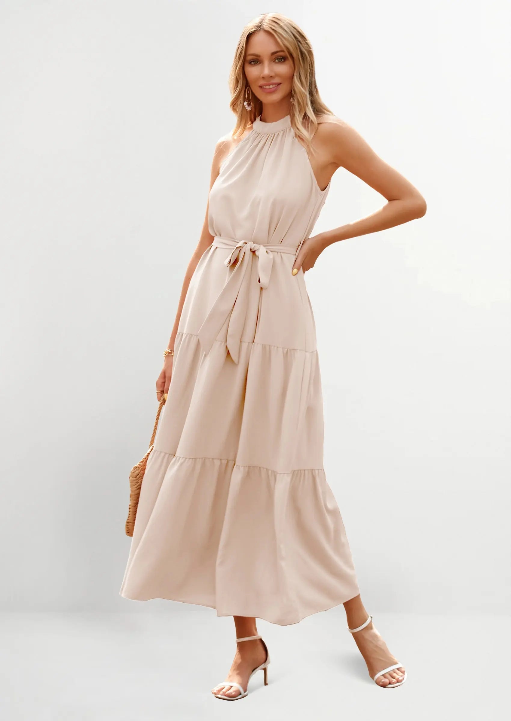 PRETTYGARDEN Women's Summer Floral Maxi Sun Dress Sleeveless Halter Neck Flowy Ruffle Hem Long Boho Dresses with Belt