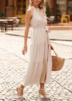 PRETTYGARDEN Women's Summer Floral Maxi Sun Dress Sleeveless Halter Neck Flowy Ruffle Hem Long Boho Dresses with Belt