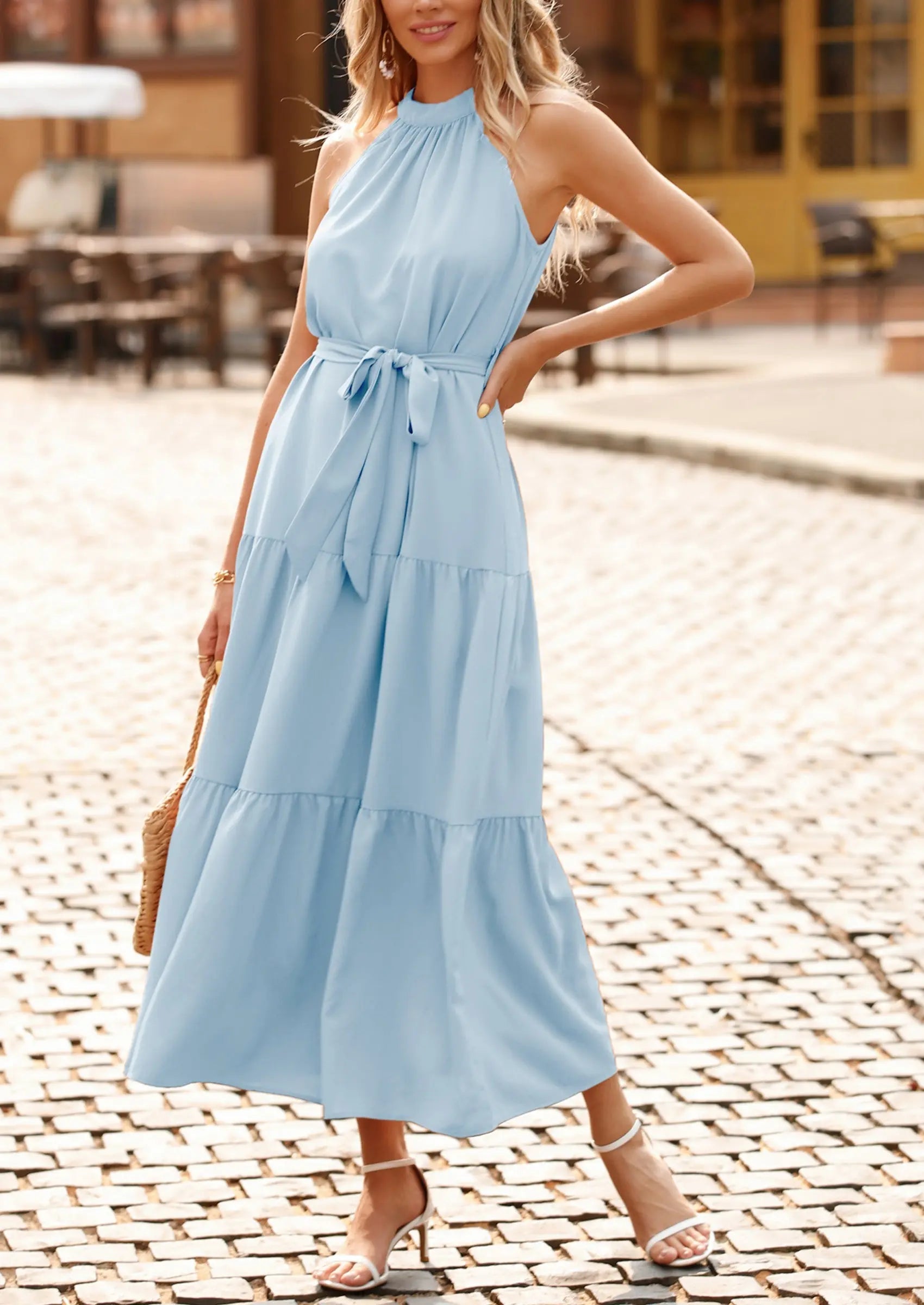 PRETTYGARDEN Women's Summer Floral Maxi Sun Dress Sleeveless Halter Neck Flowy Ruffle Hem Long Boho Dresses with Belt