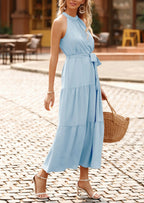 PRETTYGARDEN Women's Summer Floral Maxi Sun Dress Sleeveless Halter Neck Flowy Ruffle Hem Long Boho Dresses with Belt