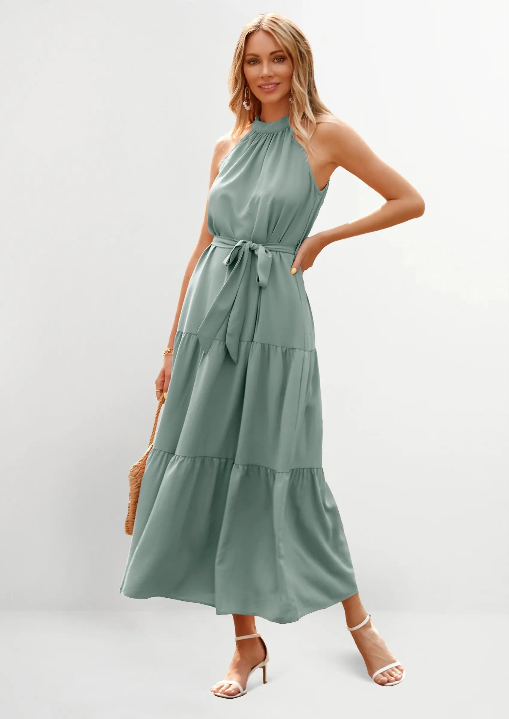 PRETTYGARDEN Women's Summer Floral Maxi Sun Dress Sleeveless Halter Neck Flowy Ruffle Hem Long Boho Dresses with Belt