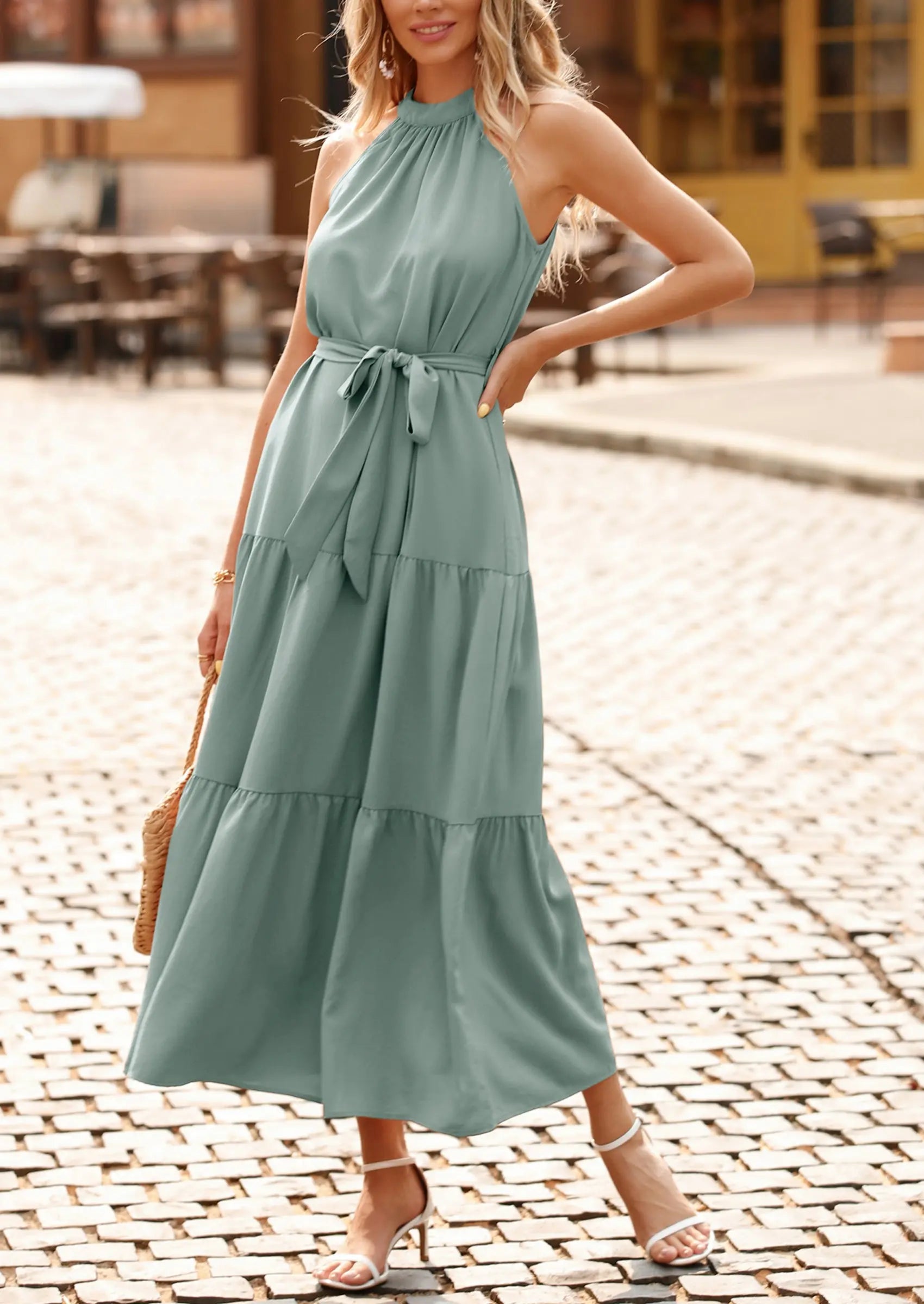PRETTYGARDEN Women's Summer Floral Maxi Sun Dress Sleeveless Halter Neck Flowy Ruffle Hem Long Boho Dresses with Belt