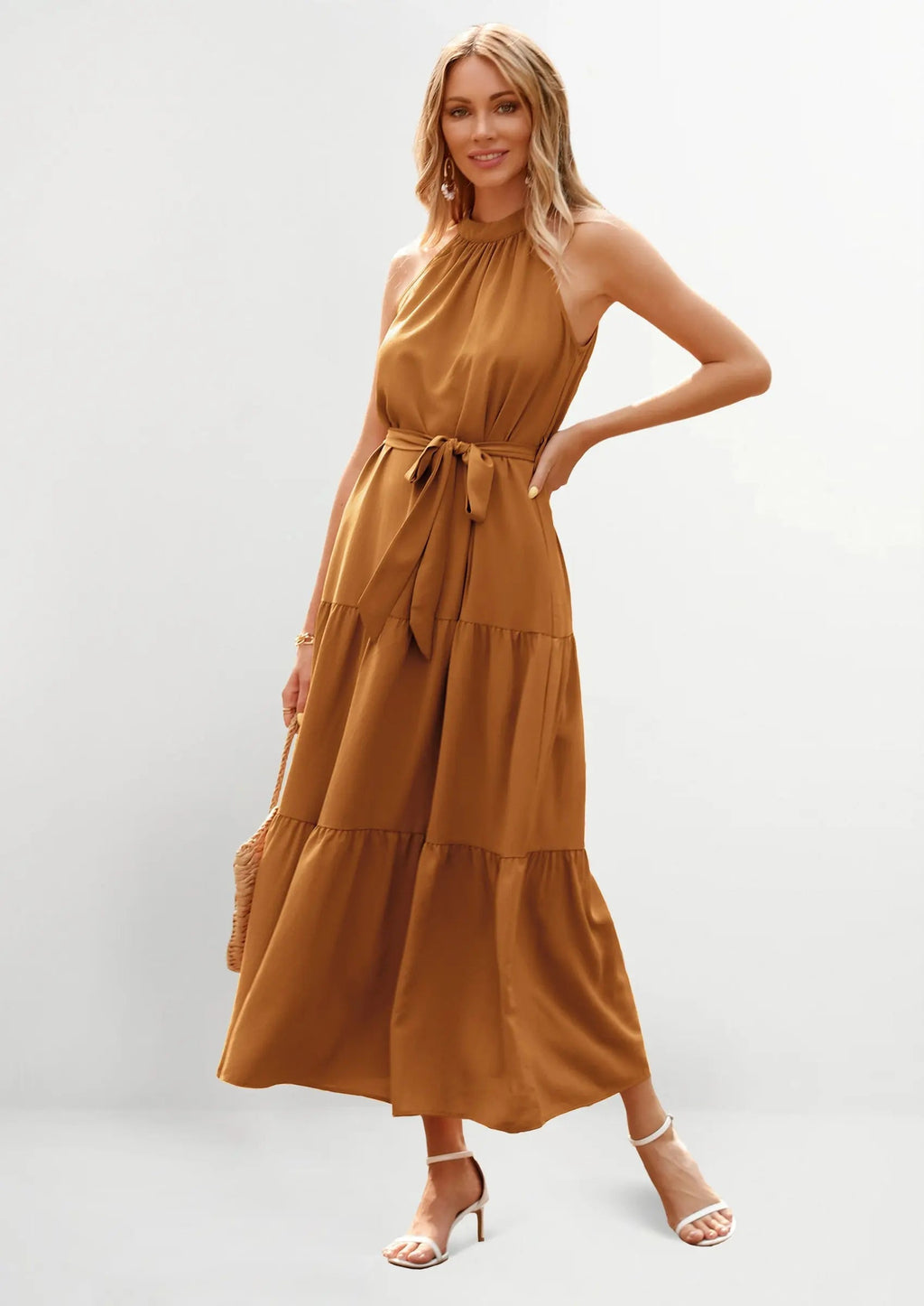 PRETTYGARDEN Women's Summer Floral Maxi Sun Dress Sleeveless Halter Neck Flowy Ruffle Hem Long Boho Dresses with Belt