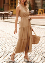 PRETTYGARDEN Women's Summer Floral Maxi Sun Dress Sleeveless Halter Neck Flowy Ruffle Hem Long Boho Dresses with Belt