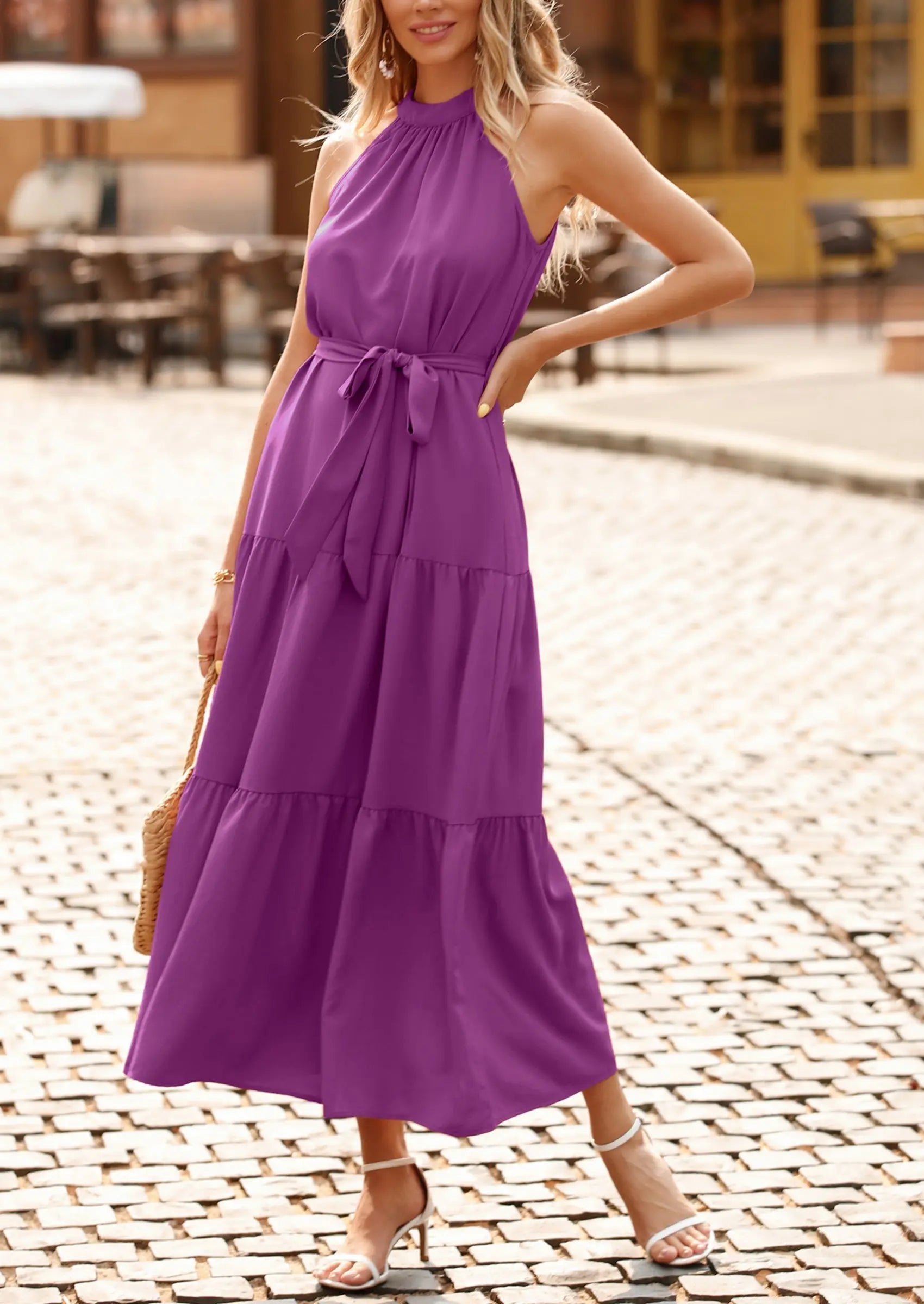 PRETTYGARDEN Women's Summer Floral Maxi Sun Dress Sleeveless Halter Neck Flowy Ruffle Hem Long Boho Dresses with Belt