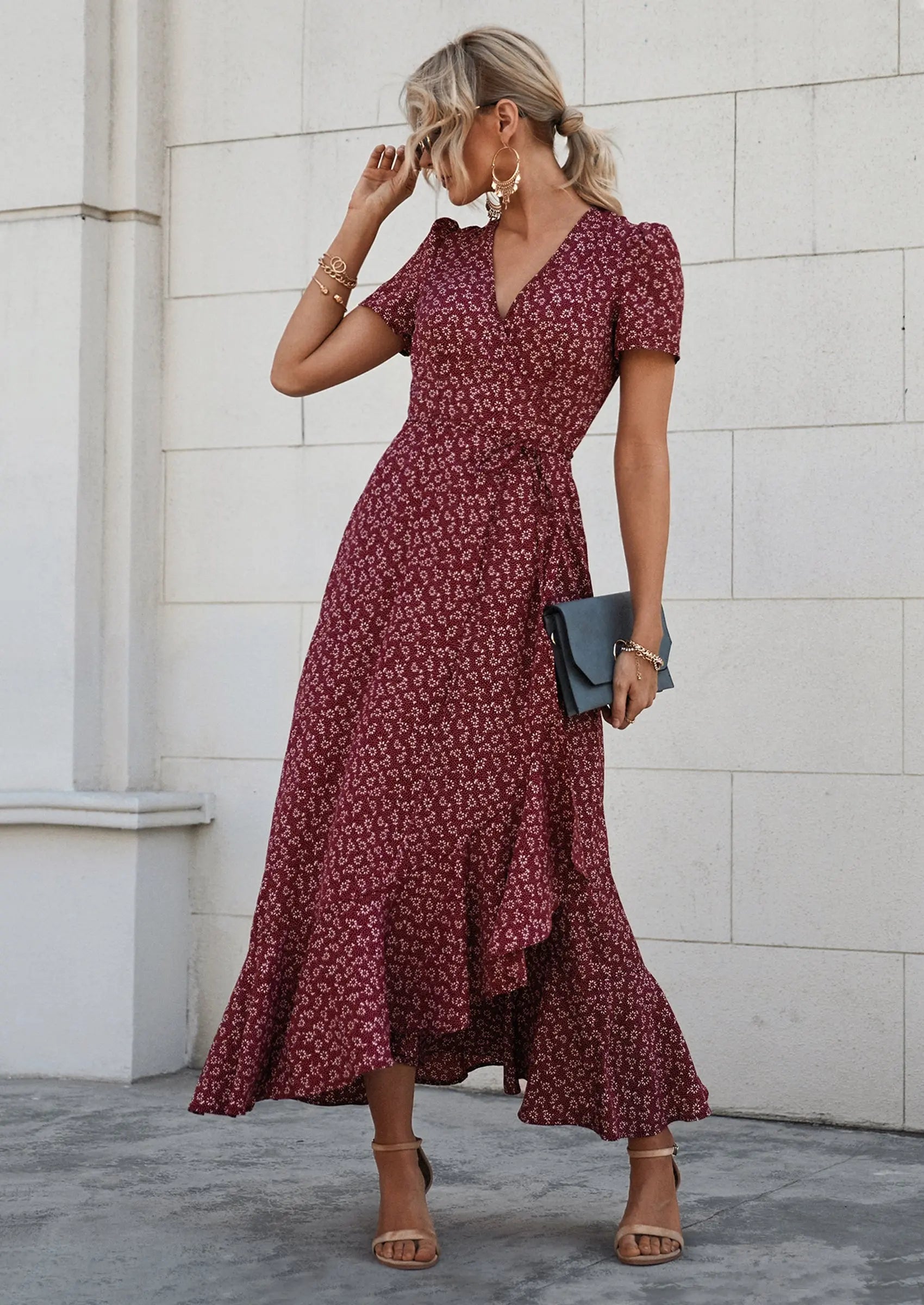 PRETTYGARDEN Women's Summer Maxi Dress Casual Wrap Floral Boho Short Sleeve V Neck Split Ruffle Beach Long Dresses