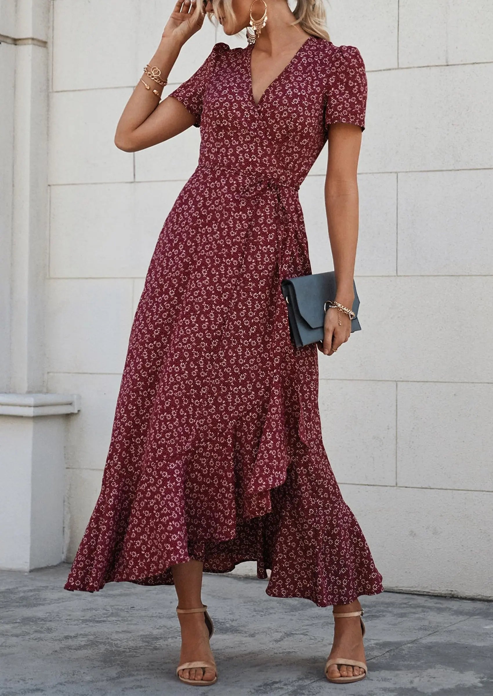 PRETTYGARDEN Women's Summer Maxi Dress Casual Wrap Floral Boho Short Sleeve V Neck Split Ruffle Beach Long Dresses