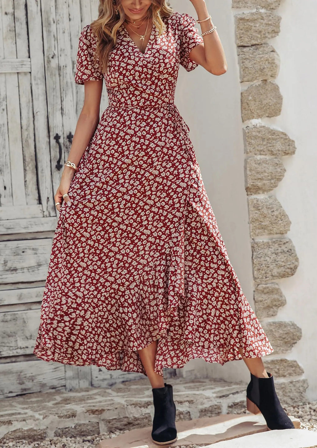 PRETTYGARDEN Women's Summer Maxi Dress Casual Wrap Floral Boho Short Sleeve V Neck Split Ruffle Beach Long Dresses