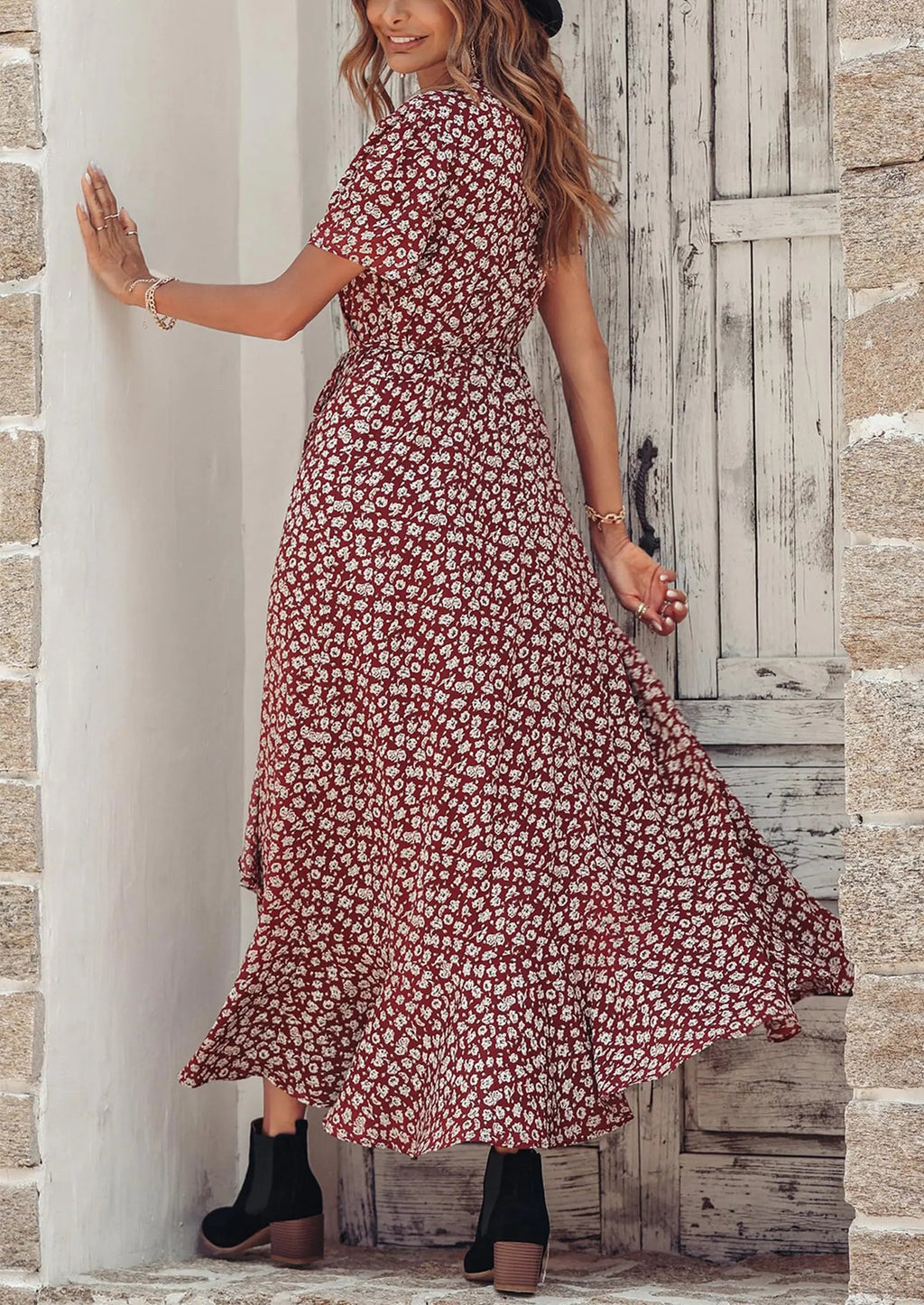 PRETTYGARDEN Women's Summer Maxi Dress Casual Wrap Floral Boho Short Sleeve V Neck Split Ruffle Beach Long Dresses