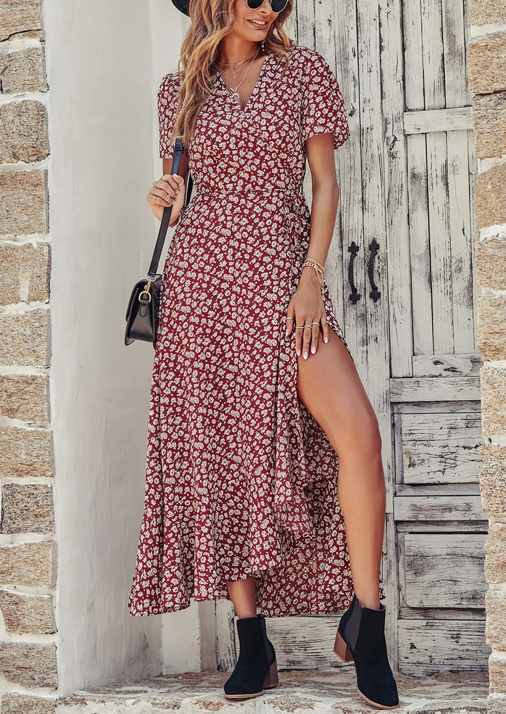 PRETTYGARDEN Women's Summer Maxi Dress Casual Wrap Floral Boho Short Sleeve V Neck Split Ruffle Beach Long Dresses