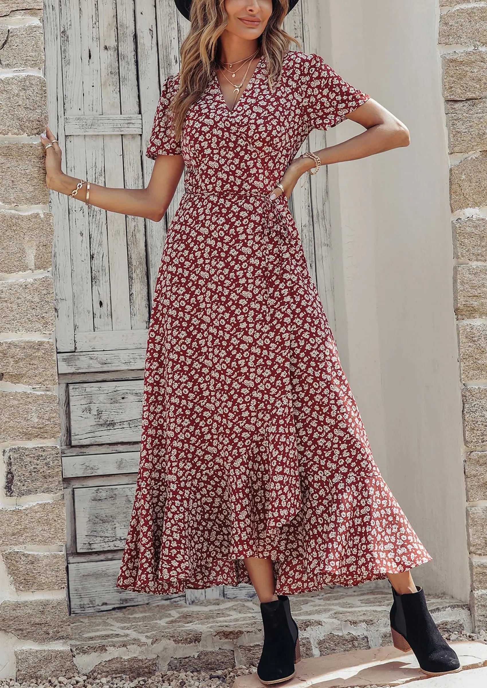 PRETTYGARDEN Women's Summer Maxi Dress Casual Wrap Floral Boho Short Sleeve V Neck Split Ruffle Beach Long Dresses