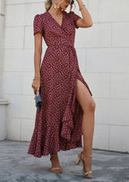 PRETTYGARDEN Women's Summer Maxi Dress Casual Wrap Floral Boho Short Sleeve V Neck Split Ruffle Beach Long Dresses