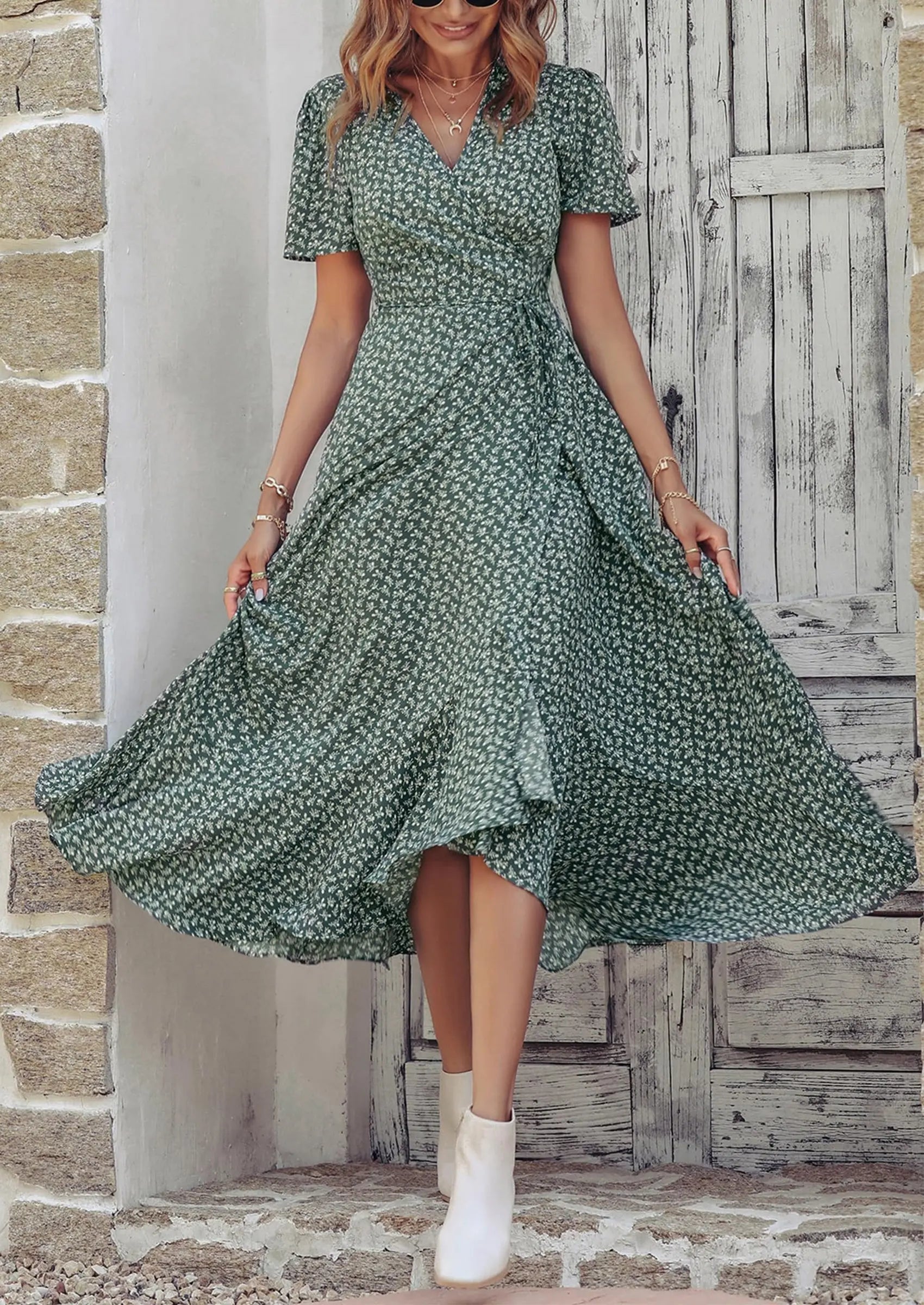 PRETTYGARDEN Women's Summer Maxi Dress Casual Wrap Floral Boho Short Sleeve V Neck Split Ruffle Beach Long Dresses