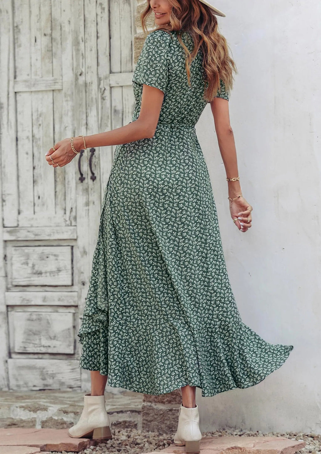 PRETTYGARDEN Women's Summer Maxi Dress Casual Wrap Floral Boho Short Sleeve V Neck Split Ruffle Beach Long Dresses