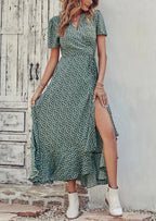 PRETTYGARDEN Women's Summer Maxi Dress Casual Wrap Floral Boho Short Sleeve V Neck Split Ruffle Beach Long Dresses