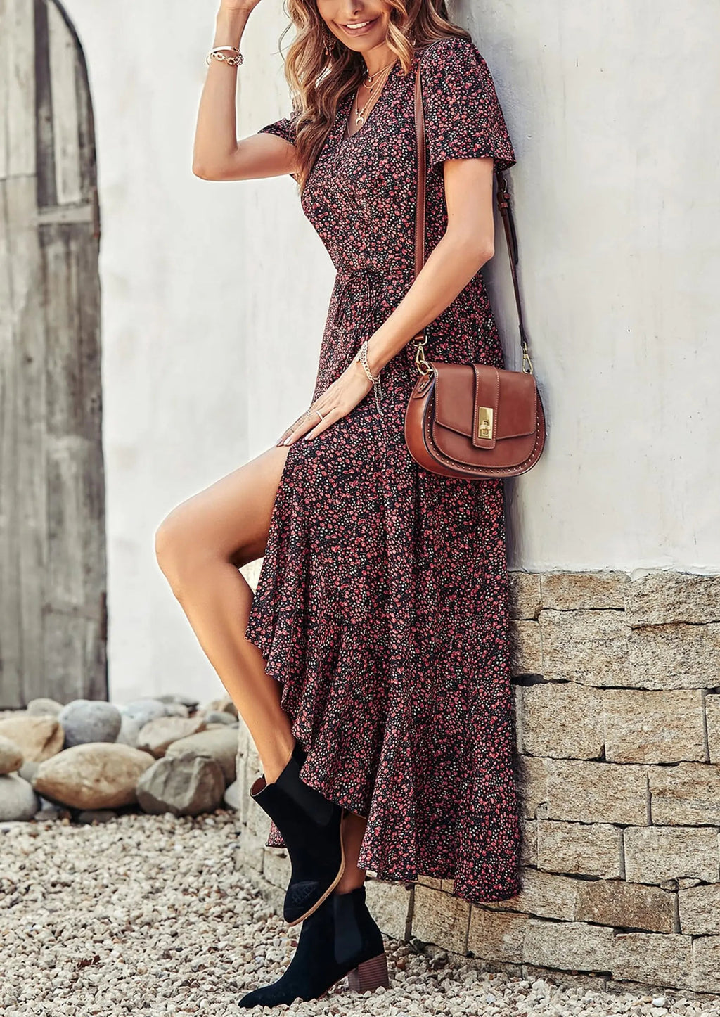 PRETTYGARDEN Women's Summer Maxi Dress Casual Wrap Floral Boho Short Sleeve V Neck Split Ruffle Beach Long Dresses