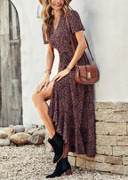 PRETTYGARDEN Women's Summer Maxi Dress Casual Wrap Floral Boho Short Sleeve V Neck Split Ruffle Beach Long Dresses