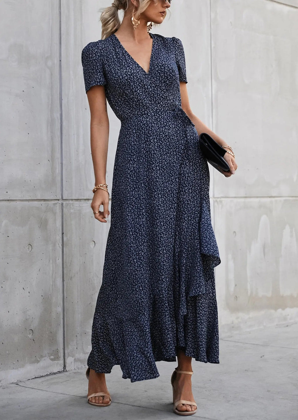 PRETTYGARDEN Women's Summer Maxi Dress Casual Wrap Floral Boho Short Sleeve V Neck Split Ruffle Beach Long Dresses