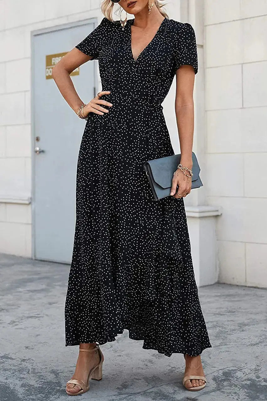 PRETTYGARDEN Women's Summer Maxi Dress Casual Wrap Floral Boho Short Sleeve V Neck Split Ruffle Beach Long Dresses