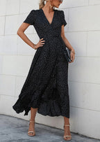 PRETTYGARDEN Women's Summer Maxi Dress Casual Wrap Floral Boho Short Sleeve V Neck Split Ruffle Beach Long Dresses