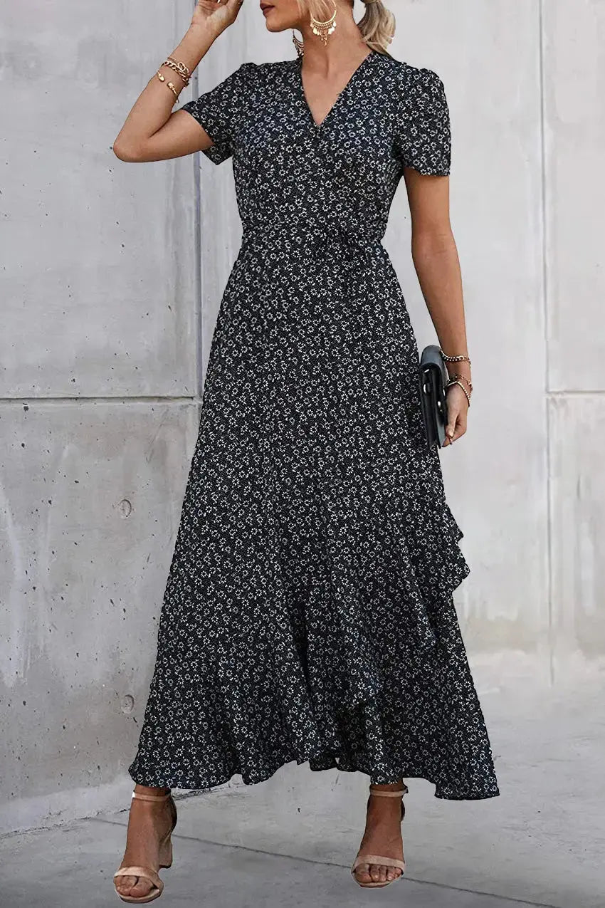 PRETTYGARDEN Women's Summer Maxi Dress Casual Wrap Floral Boho Short Sleeve V Neck Split Ruffle Beach Long Dresses