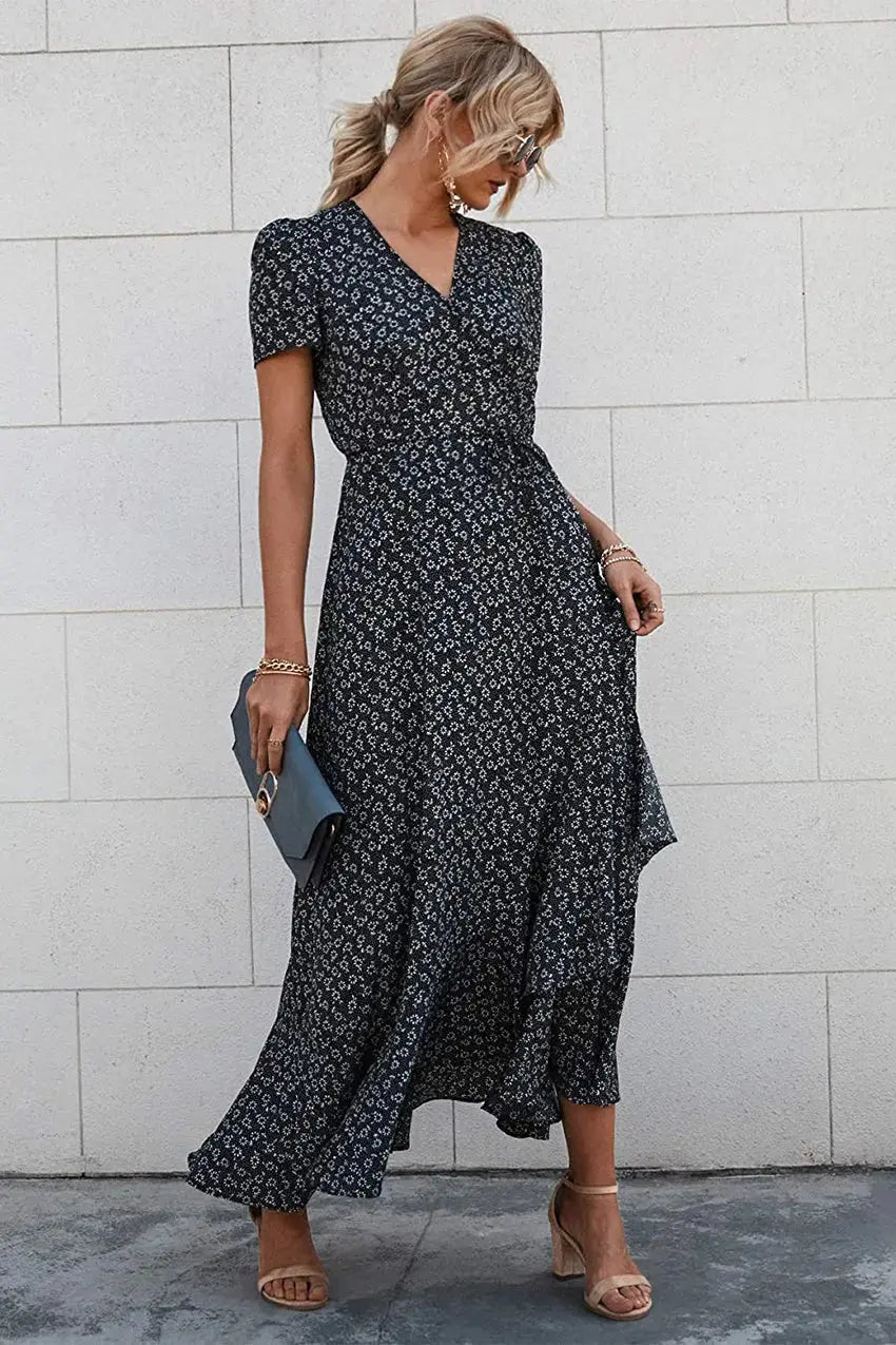 PRETTYGARDEN Women's Summer Maxi Dress Casual Wrap Floral Boho Short Sleeve V Neck Split Ruffle Beach Long Dresses