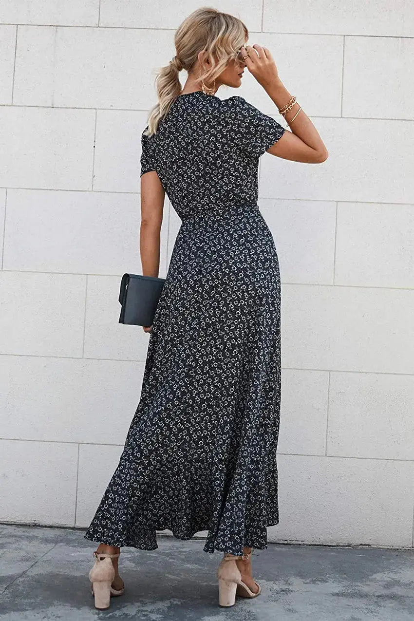 PRETTYGARDEN Women's Summer Maxi Dress Casual Wrap Floral Boho Short Sleeve V Neck Split Ruffle Beach Long Dresses