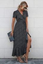 PRETTYGARDEN Women's Summer Maxi Dress Casual Wrap Floral Boho Short Sleeve V Neck Split Ruffle Beach Long Dresses
