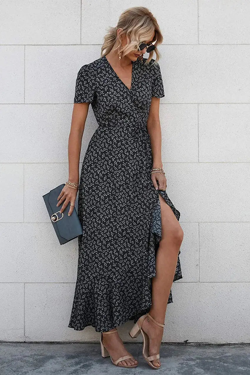 PRETTYGARDEN Women's Summer Maxi Dress Casual Wrap Floral Boho Short Sleeve V Neck Split Ruffle Beach Long Dresses