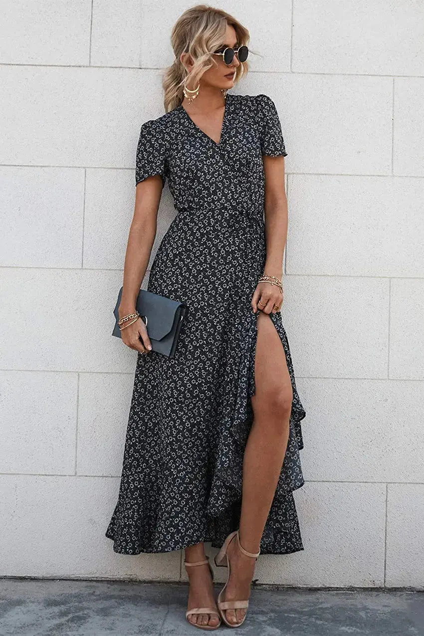 PRETTYGARDEN Women's Summer Maxi Dress Casual Wrap Floral Boho Short Sleeve V Neck Split Ruffle Beach Long Dresses