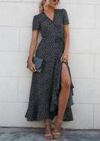 PRETTYGARDEN Women's Summer Maxi Dress Casual Wrap Floral Boho Short Sleeve V Neck Split Ruffle Beach Long Dresses