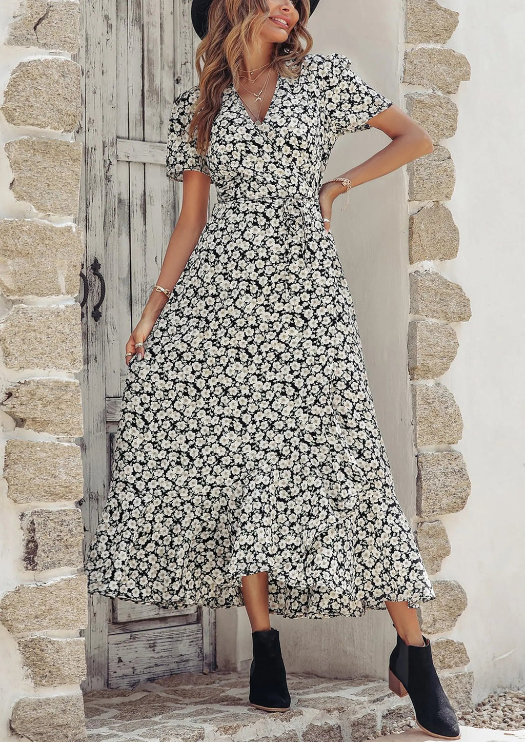 PRETTYGARDEN Women's Summer Maxi Dress Casual Wrap Floral Boho Short Sleeve V Neck Split Ruffle Beach Long Dresses