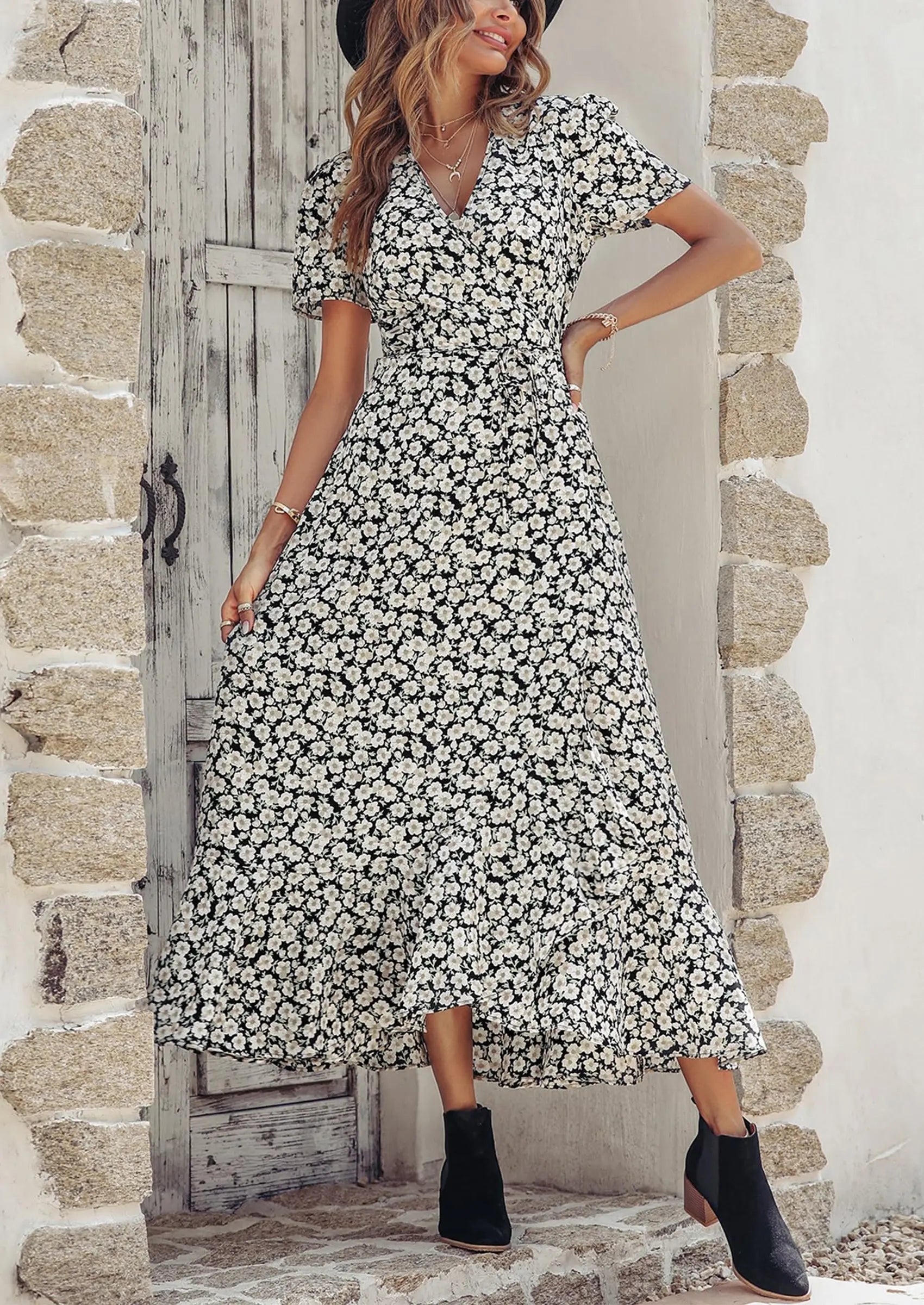 PRETTYGARDEN Women's Summer Maxi Dress Casual Wrap Floral Boho Short Sleeve V Neck Split Ruffle Beach Long Dresses