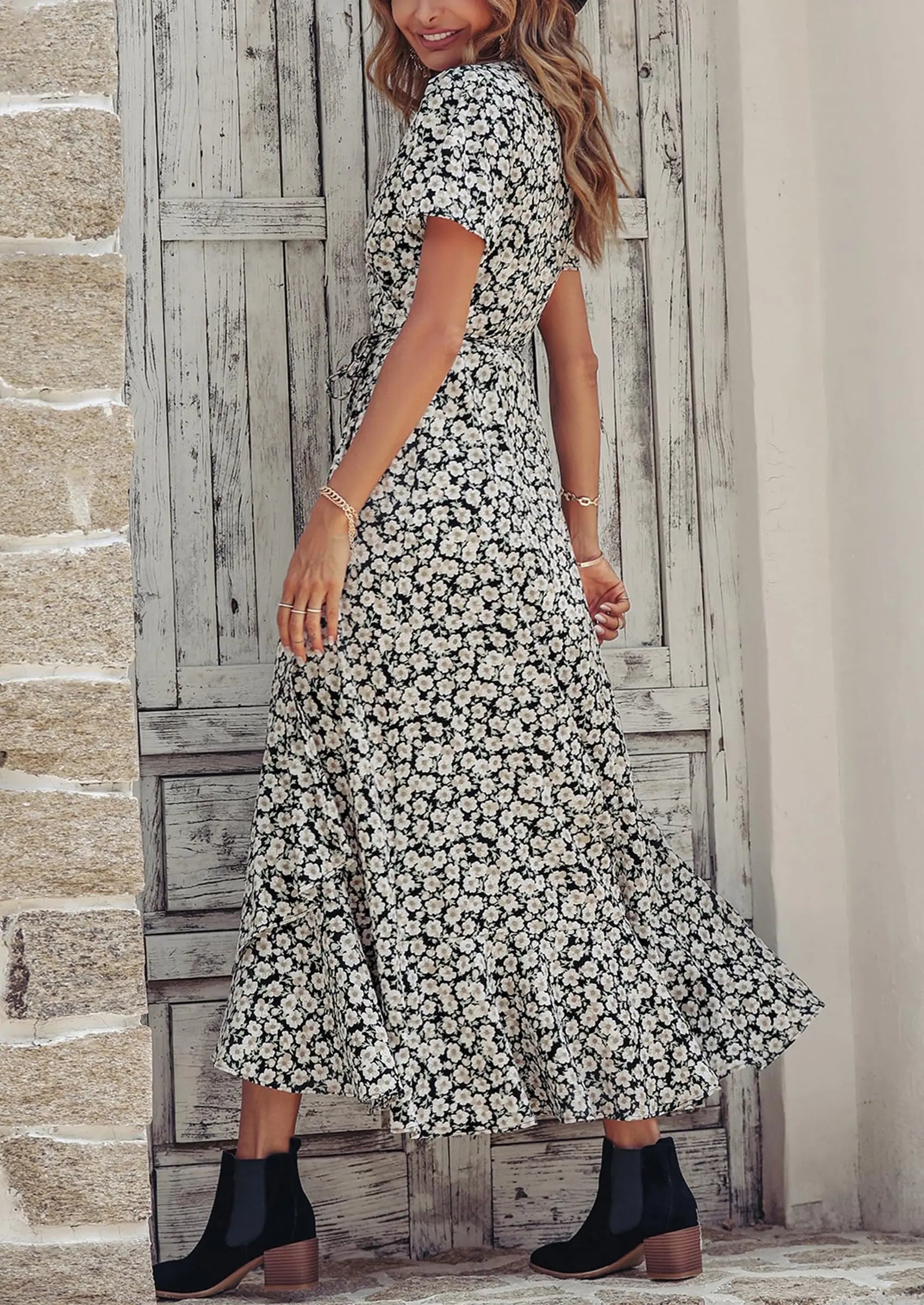 PRETTYGARDEN Women's Summer Maxi Dress Casual Wrap Floral Boho Short Sleeve V Neck Split Ruffle Beach Long Dresses