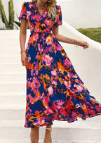 PRETTYGARDEN Women's Summer Maxi Dress Casual Wrap Floral Boho Short Sleeve V Neck Split Ruffle Beach Long Dresses