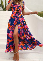 PRETTYGARDEN Women's Summer Maxi Dress Casual Wrap Floral Boho Short Sleeve V Neck Split Ruffle Beach Long Dresses