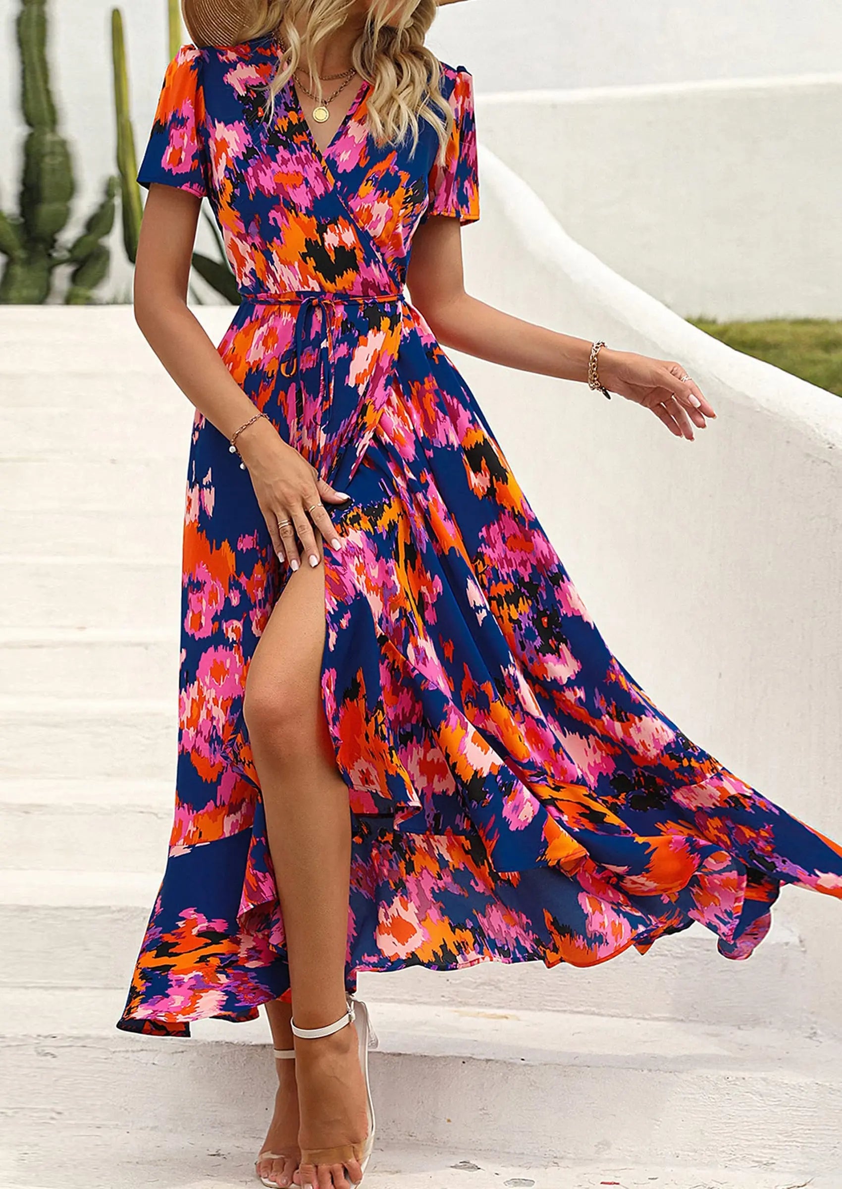 PRETTYGARDEN Women's Summer Maxi Dress Casual Wrap Floral Boho Short Sleeve V Neck Split Ruffle Beach Long Dresses