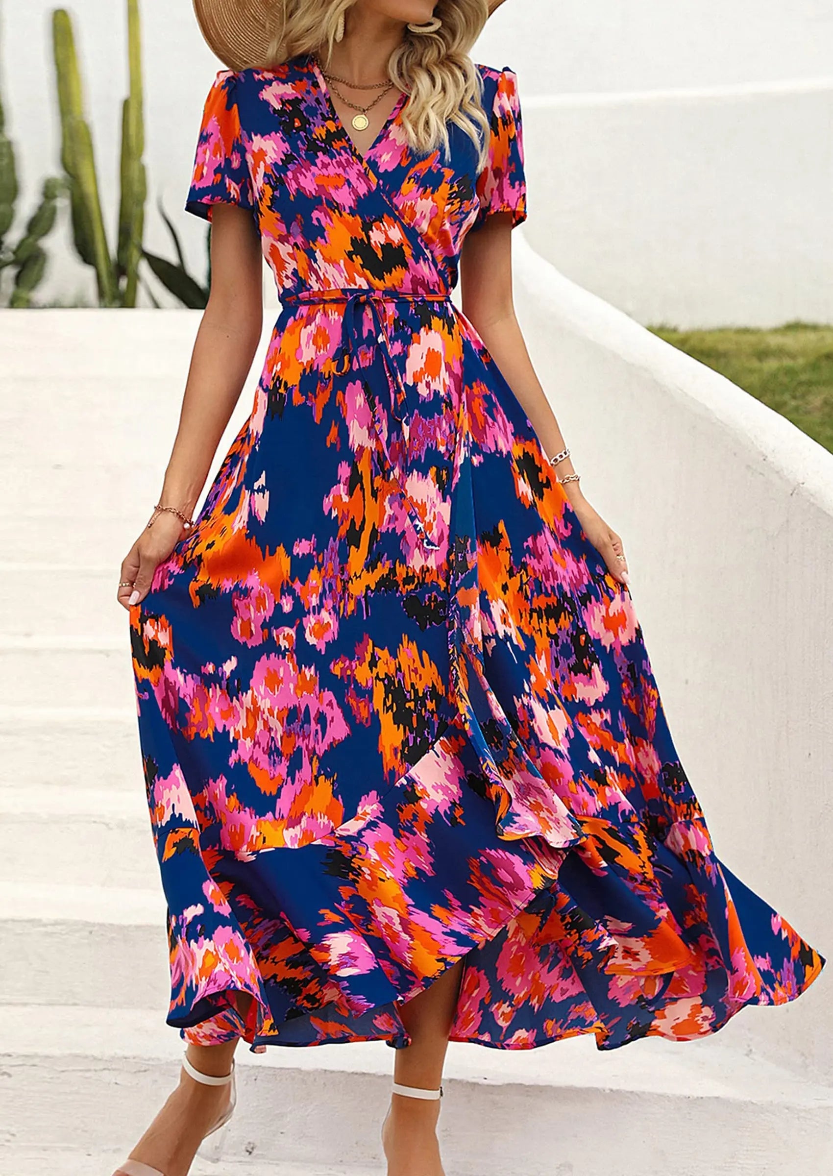 PRETTYGARDEN Women's Summer Maxi Dress Casual Wrap Floral Boho Short Sleeve V Neck Split Ruffle Beach Long Dresses