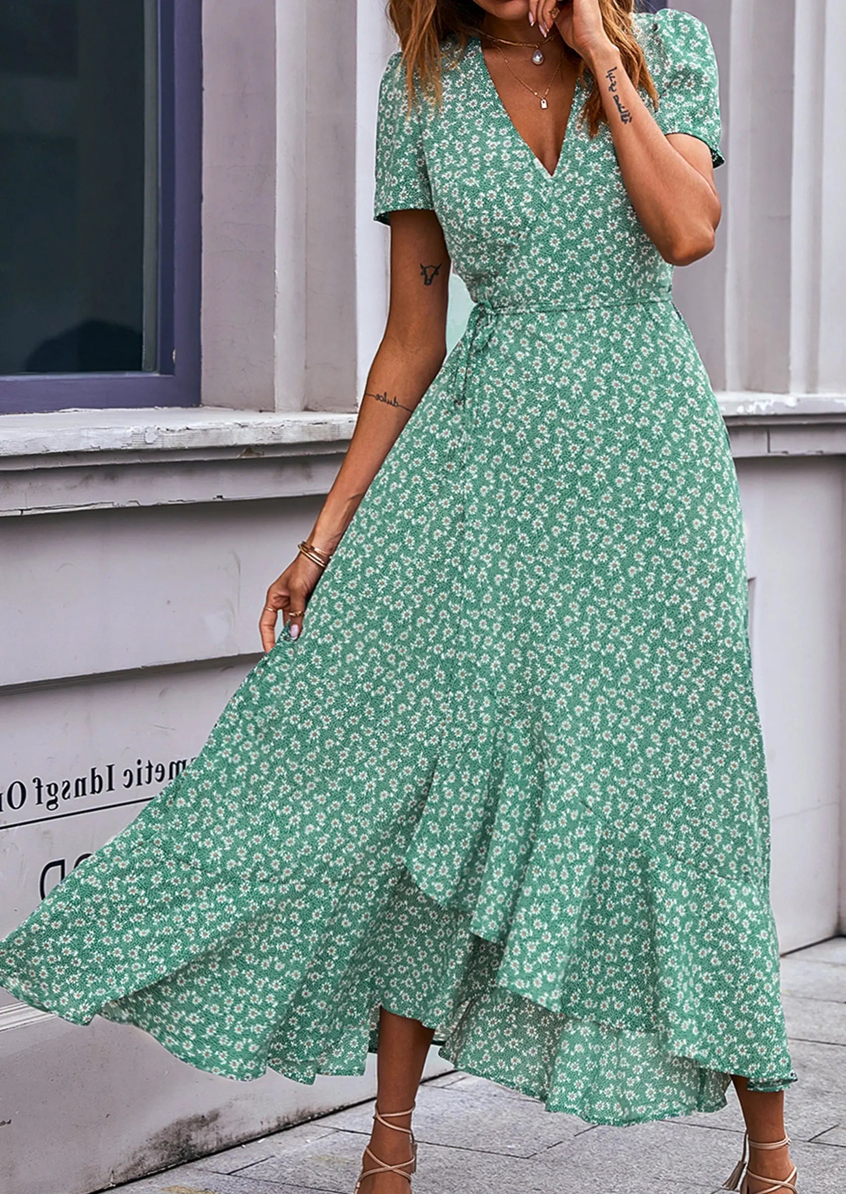 PRETTYGARDEN Women's Summer Maxi Dress Casual Wrap Floral Boho Short Sleeve V Neck Split Ruffle Beach Long Dresses