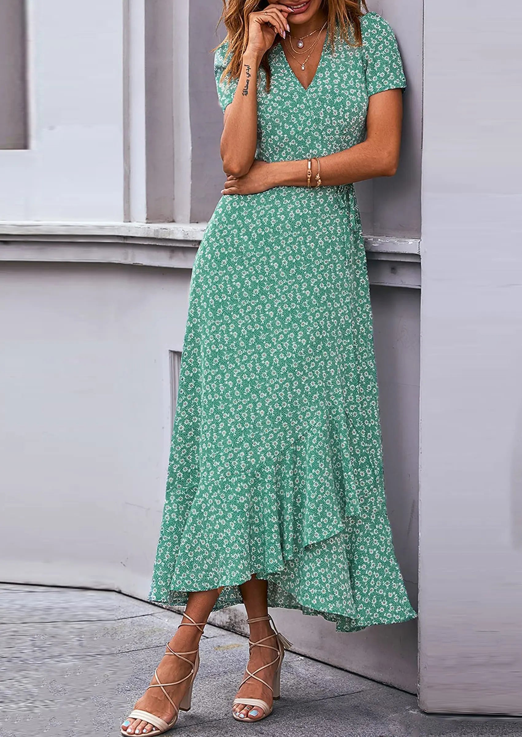 PRETTYGARDEN Women's Summer Maxi Dress Casual Wrap Floral Boho Short Sleeve V Neck Split Ruffle Beach Long Dresses